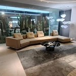 Fluid Curved Sectional Top-Grain Leather Sofa with Integrated Marble Side Platform